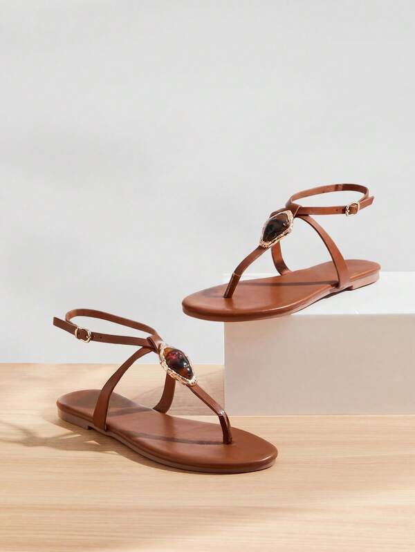 SHUZIA Sleek Elegant Women's Brown Faux Leather Pu Round Toe Wrap Around Buckle Ankle Strap Sandal Sexy Cute Summer/Spring Fashion Party Vacation Shoe